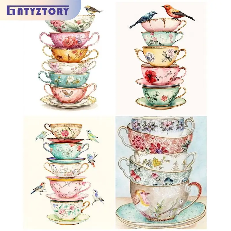 

GATYZTORY Diy Painting By Numbers With Frame Acrylic Paint On Canvas Colorful tea cup Picture By Numbers For Adults Diy Gift