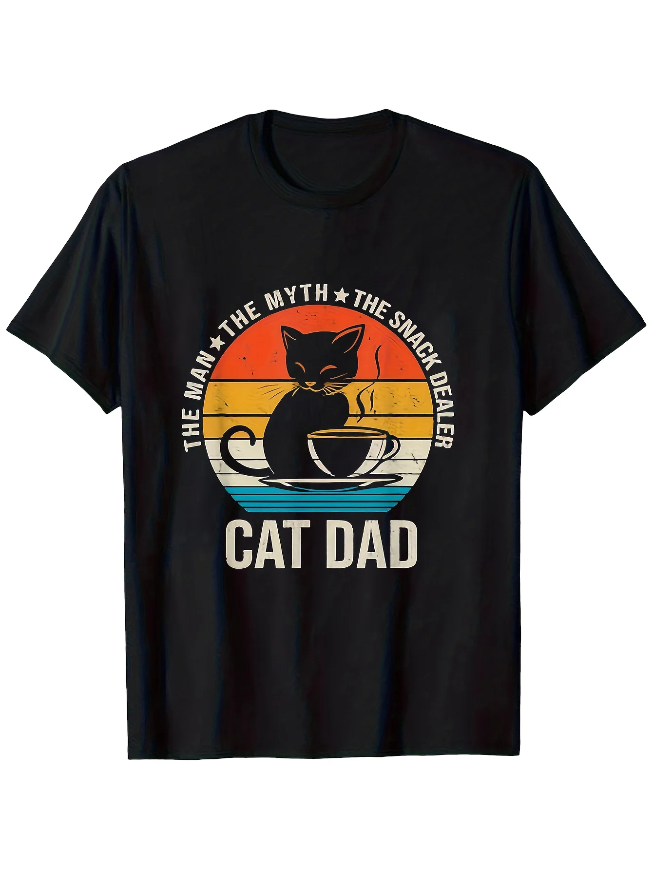 1pc Men's Vintage Cat Dad T-Shirt - Funny Coffee Cup Cats Graphic Tee with Retro Sunrise Colors - Soft Breathable Fabric Regular
