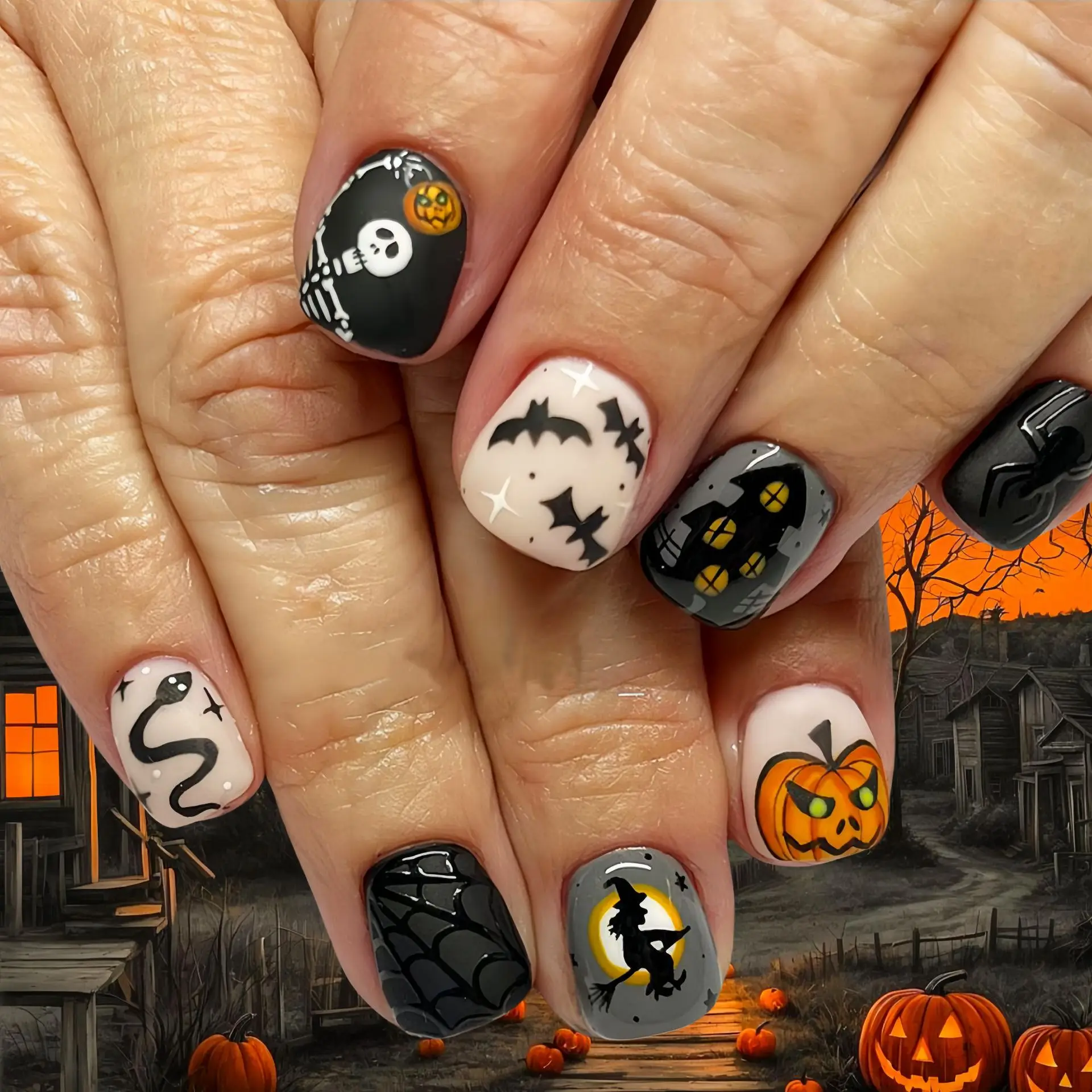

24PCS Halloween False Nails with Glue Pumpkin Ghost Pattern Dark Short Square Press on Nails Full Cover Wearable Fake Nail Tools