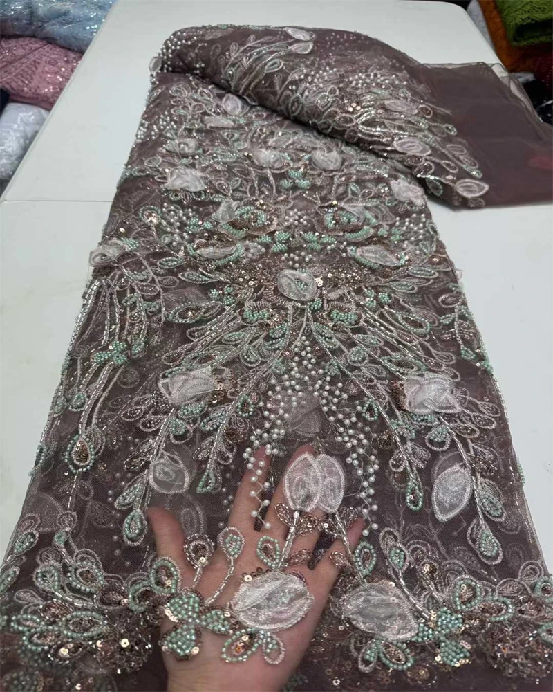 Luxurious Nigerian African Beaded Lace Fabric  High Quality Sequins Embroidery African French Lace Fabric For Sewing Dress