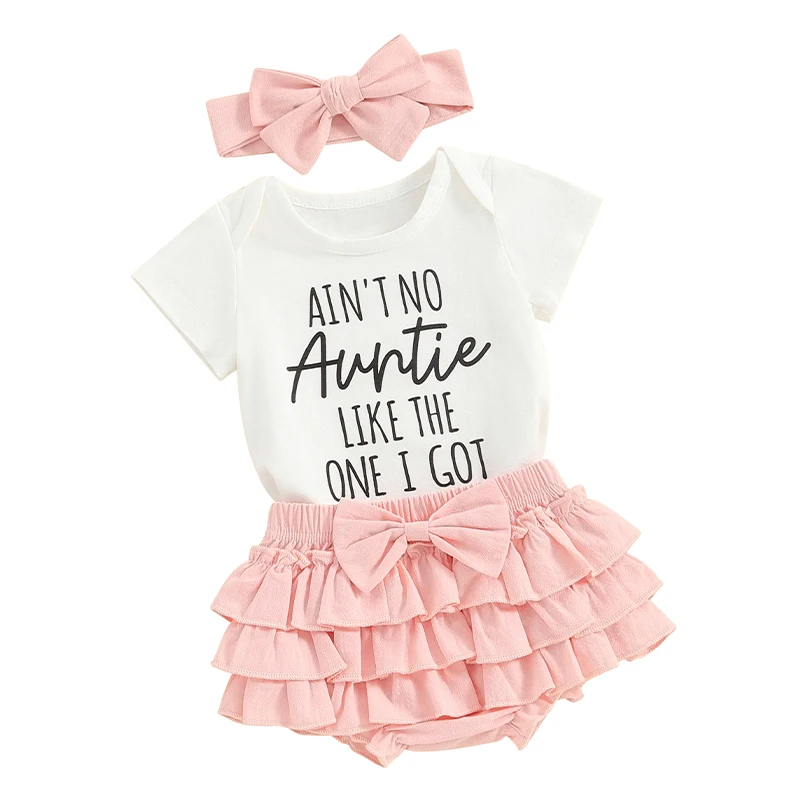 

RWYBEYW Newborn Baby Girl Auntie Bestie Outfits Letters Short Sleeve Romper T-Shirt Tops Tutu Skirt Shorts Summer Clothes Set