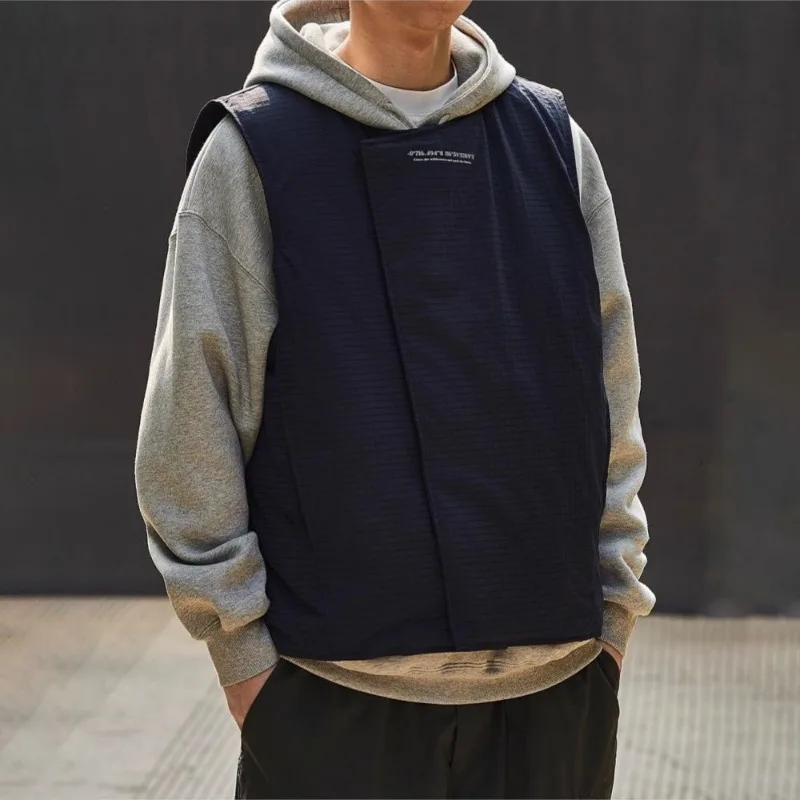 

Autumn Round Neck Trendy Thick Camisole Men's Navy Blue High Street Retro Sleeveless Coats Slant Opening Button Lightweight Vest