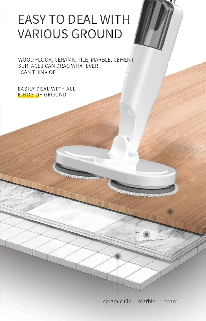 ممسحة دوارة لاسلكية قابلة لإعادة الشحن عبر USB 2025 - منظف أرضيات رطبة/جافة 2 في 1 مع خزان مياه ورذاذ بخار