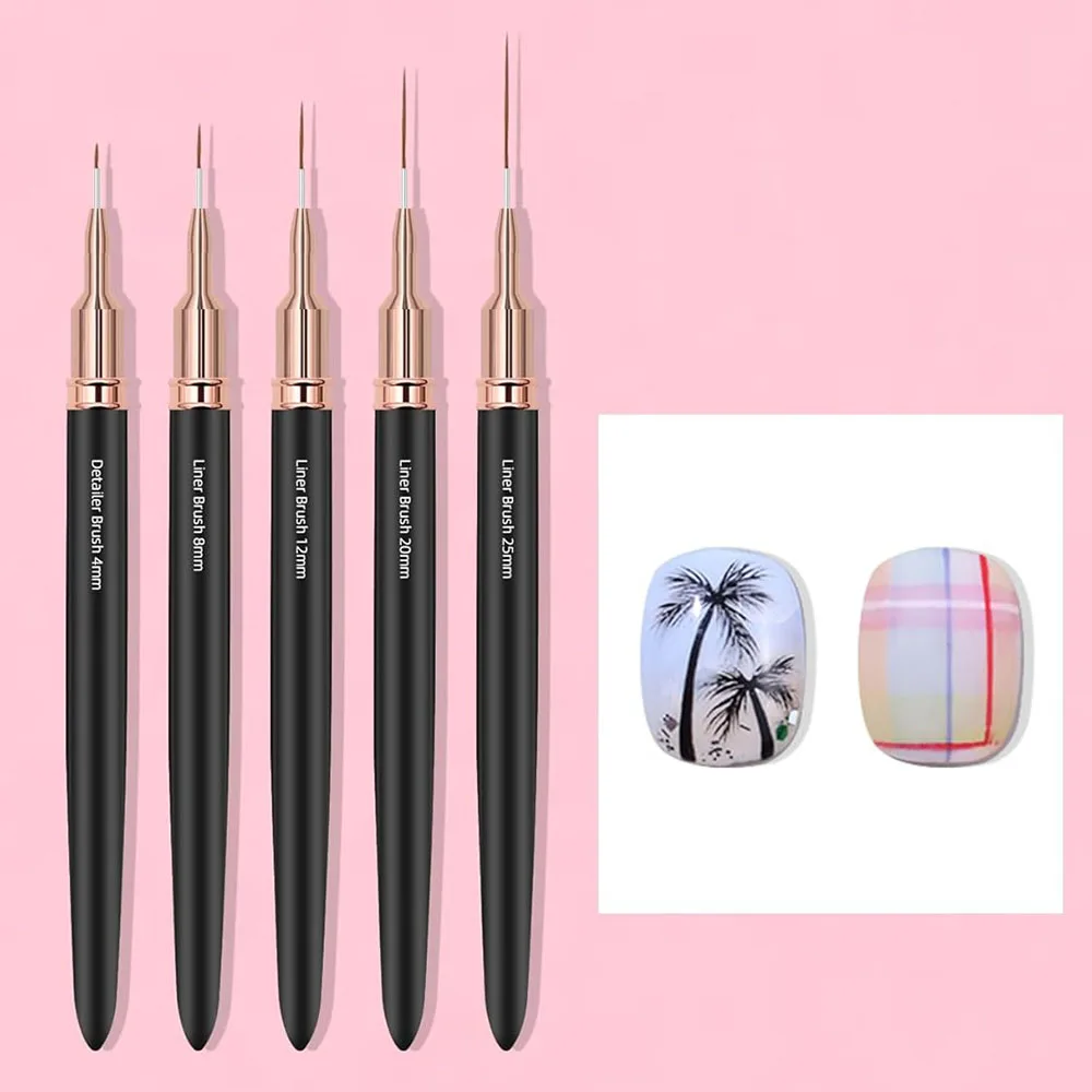 Black Nail Art Liner Brushes 5Sizes Painting Nail Design Pen /8/12/20/25mm Drawing Tool for Long Lines Thin Details Manicure Pen