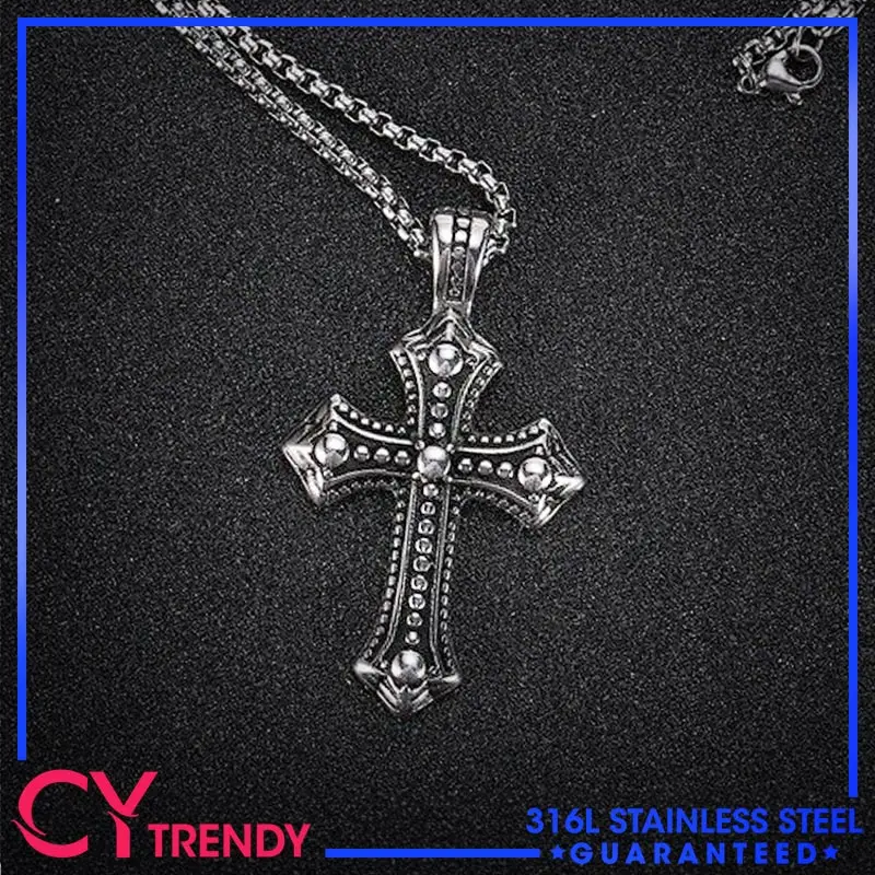 Men's Biker Catholic Cross Pendant Stainless Steel Necklace Chain Accessories