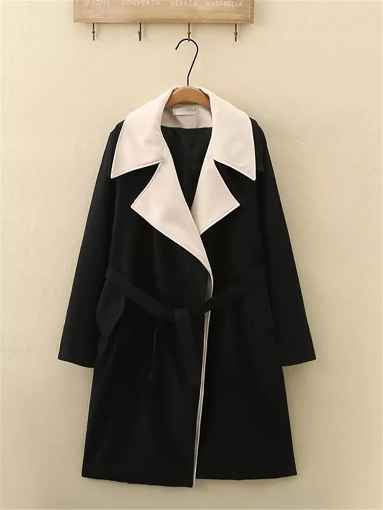 

Plus Size Women's Clothing Autumn And Winter High Quality Windbreaker Extra long Contrast Lapels And Coat With Waist Belt