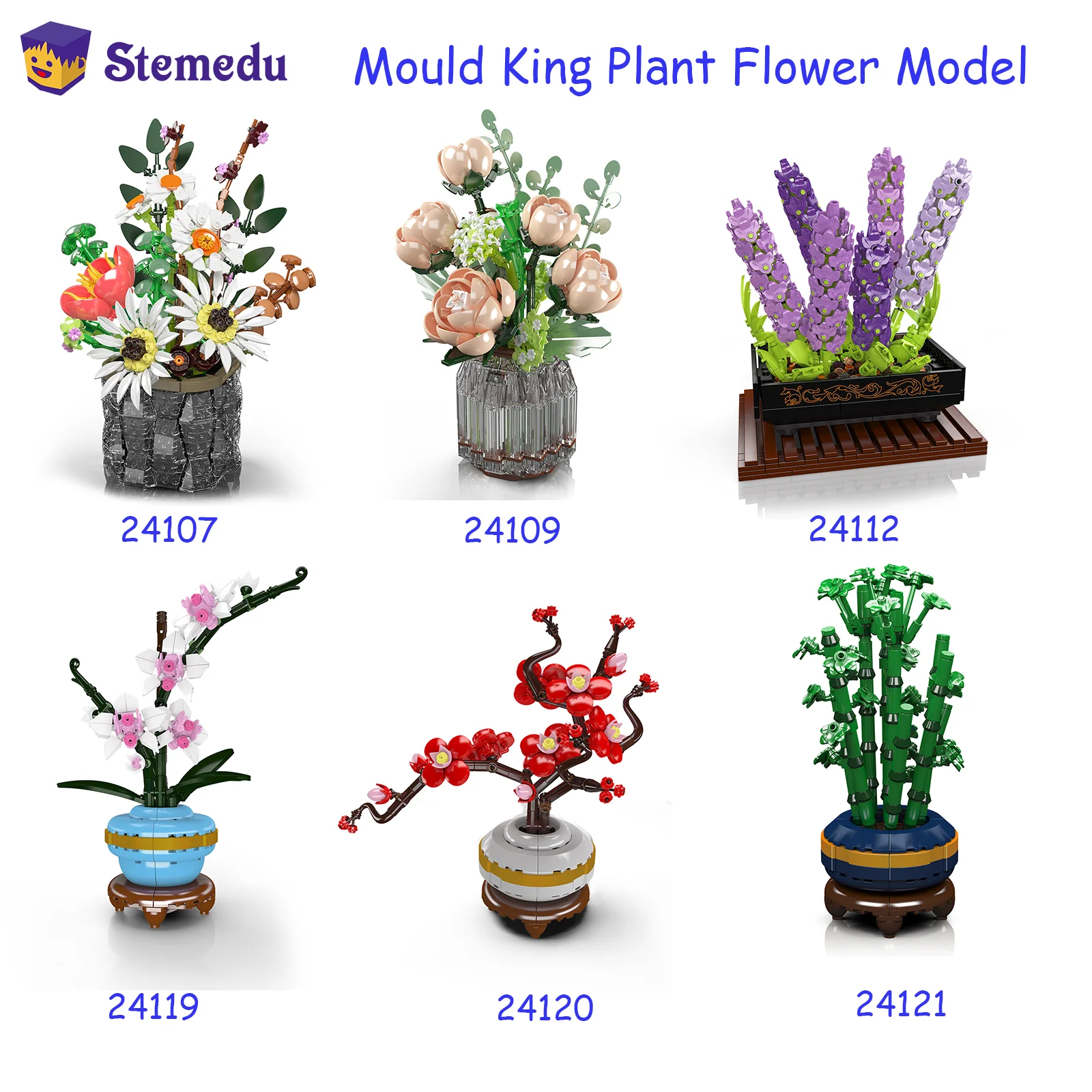 Конструктор MOULD KING: Букет из орхидей, бамбука, хризантем и цветов сливы (24107, 24109, 24112, 24119) — DIY-игрушка для взрослых