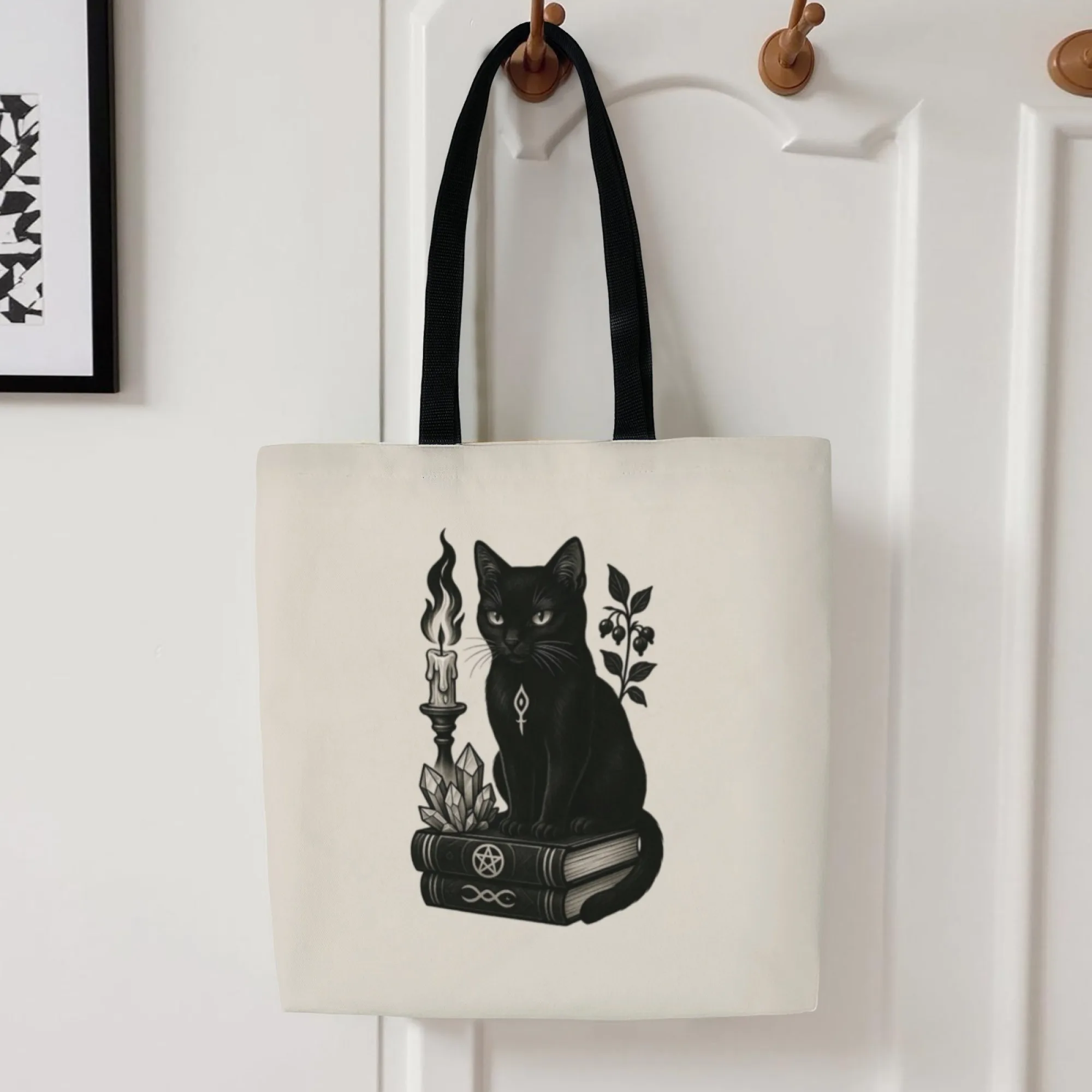 حقيبة كتف قماشية ذات قطة سوداء متعددة الاستخدامات، حقيبة كتف عملية للنساء مناسبة للتسوق والتسوق اليومي والمناسبات القوطية