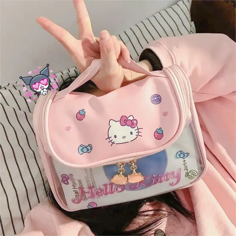 

Kawaii Hello Kitty Zipper Makeup Bag MINISO Kuromi Cinnamoroll Large Capacity Waterproof Portable Y2k Women Wash Storage Bag