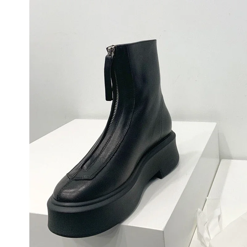 

2024 Winter Thick Sole Platform Knight Boots Women Front Zipper Real Leather Ankle Boots Luxury Chelsea Motorcycle Boots Female