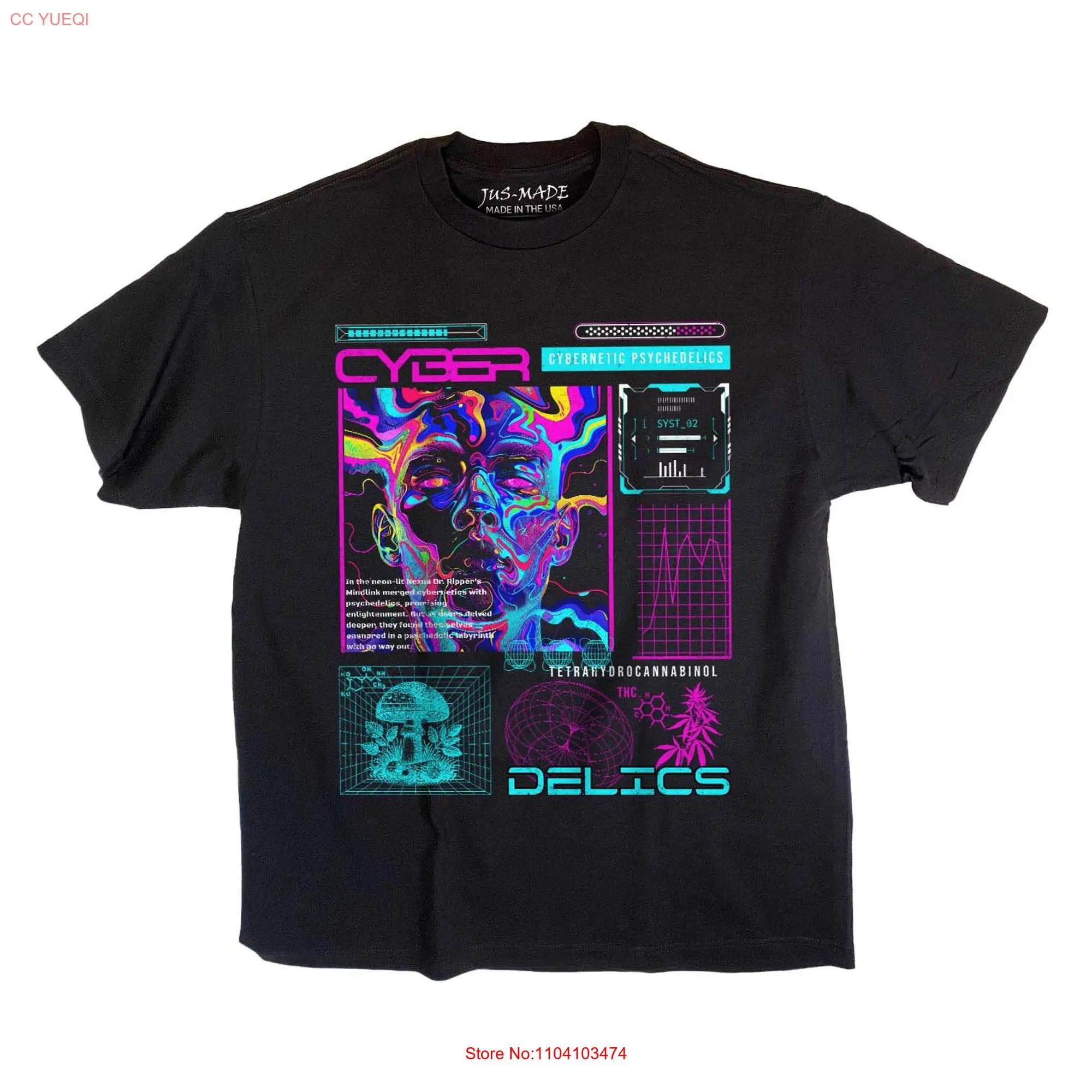 Cybernetic Psychedelics Neon Sci fi Futuristic Streetwear Black T shirt long or short sleeves