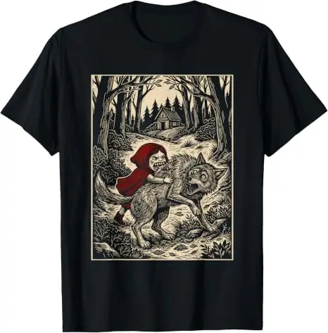 Rotkäppchen Humor ausgewickelte Geschichten T-Shirt Halloween-Kostüm Y2K Twisted Fairy Tale Holzschnitt-Grafik-T-Shirt Neuheit – Detail 8