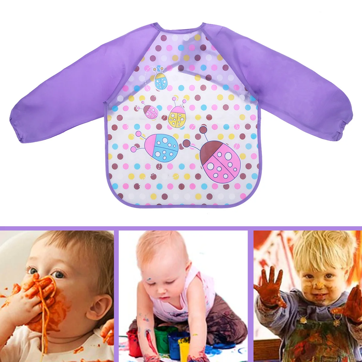 

5 pcs Waterproof Sleeved Bib Smock Apron Machine Washable Stain Odor Resistant Reusable Cute Cartoon Quick Dry
