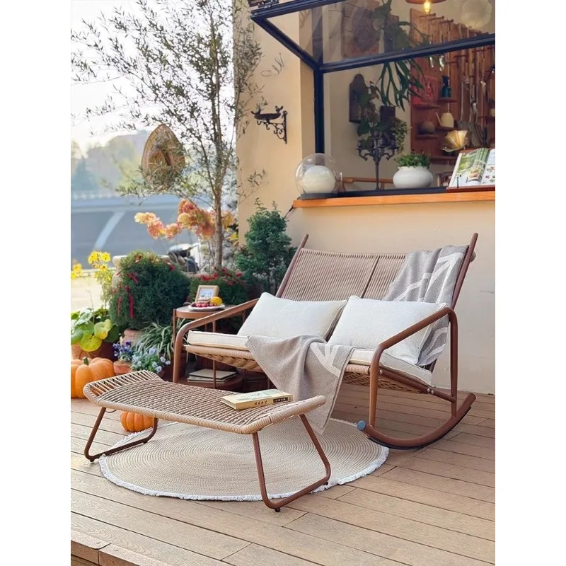 Outdoor double rocking chair sofa, rattan garden courtyard new single rattan chair, outdoor sun room leisure chair