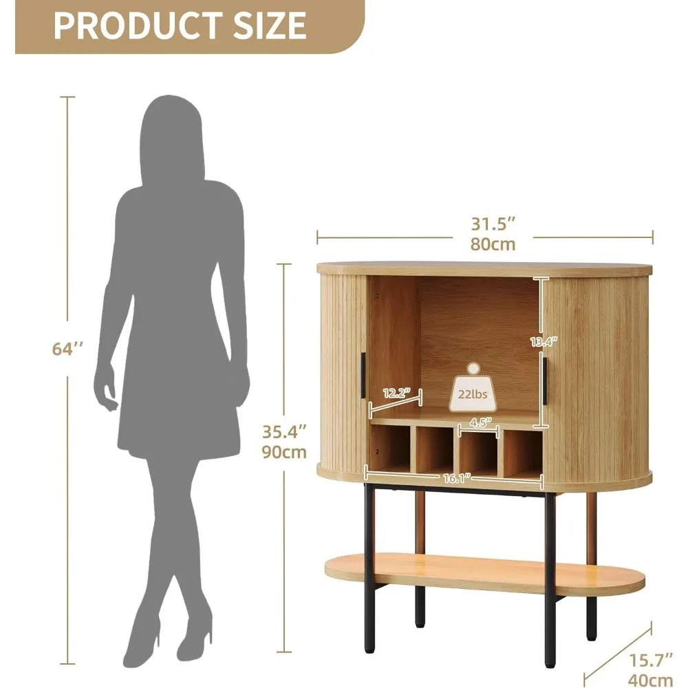 천연 오크 소재의 주방 또는 거실용 LED 조명, 슬라이딩 도어, 와인 랙 및 유리 홀더가 있는 모던 사이드보드 캐비닛
