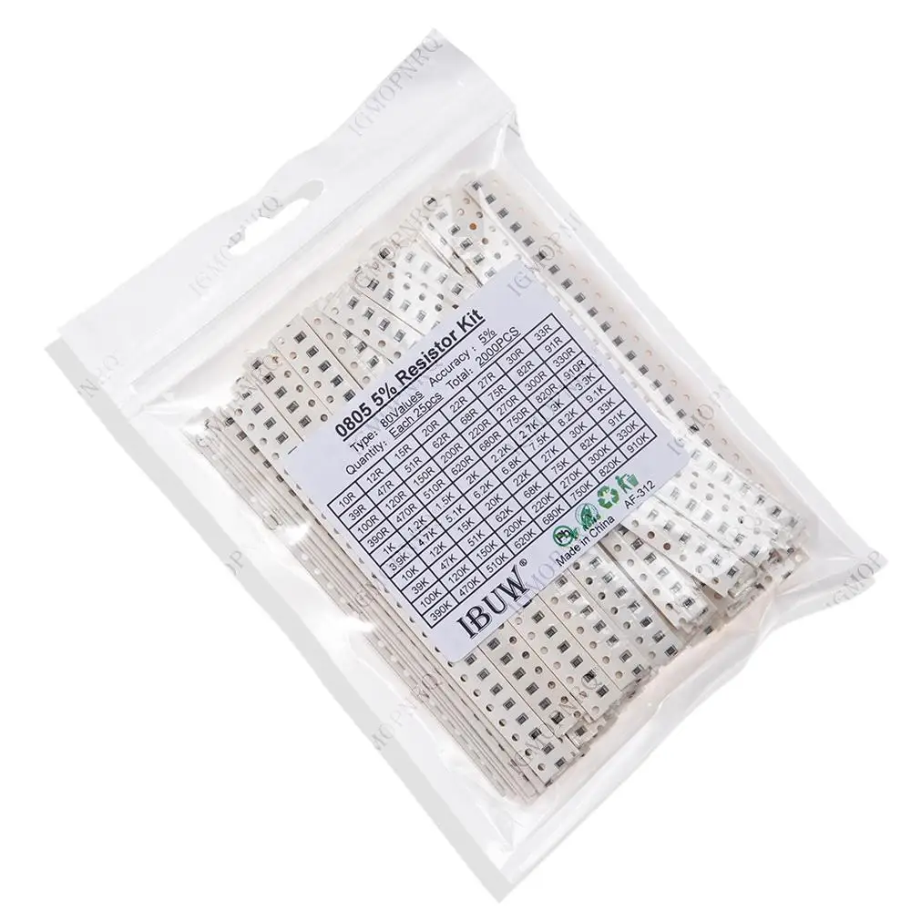 مجموعة مقاومات SMD متنوعة ، 0805 ، 10ohm ، 1m ، Ohm ، 5% ، 80 قيم X ، 25 قطعة = 2000 قطعة ، fjxrhغال