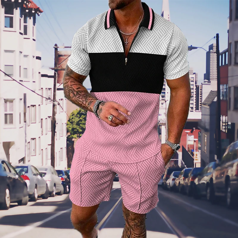 

Summer Fashion Tracksuit Suit Zipper Polo Oversized 2 Piece Sets for Men Business Casual 3D Printed High Quality Outfits