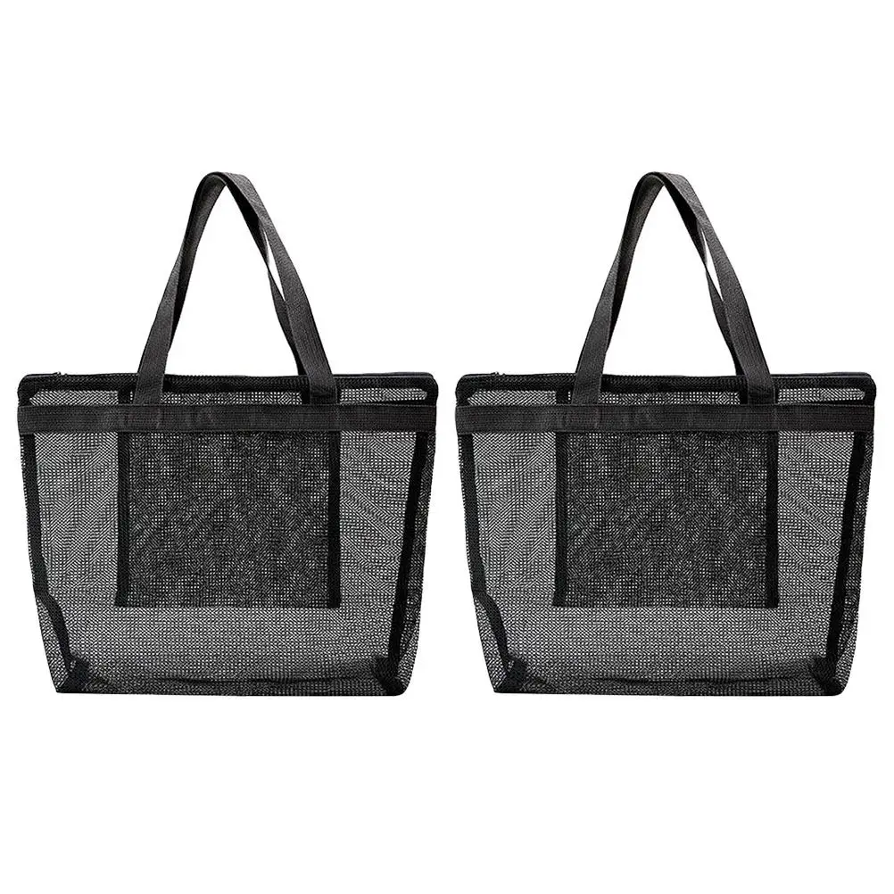 2Pcs Mesh Beach Tote Bag Hollowed Out Large Capacity Travel Pool Bag Reinforced Bottom Lightweight Portable for Women Kids