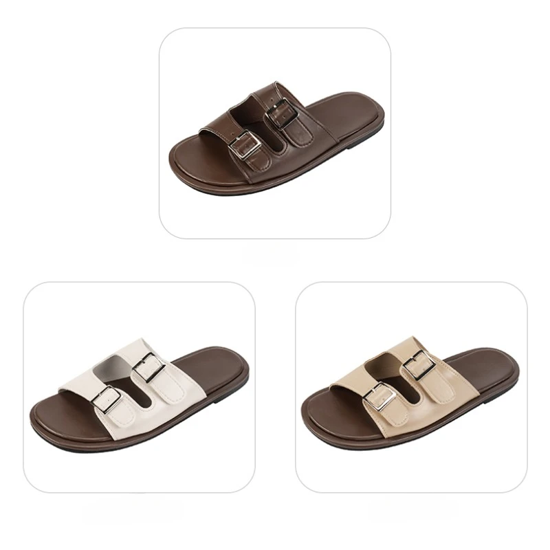 New Fashion Women's Summer Women's Slippers Metal Decoration Shoes Woman Cork Sandals Casual Beach Double Buckle Non-slip Slides