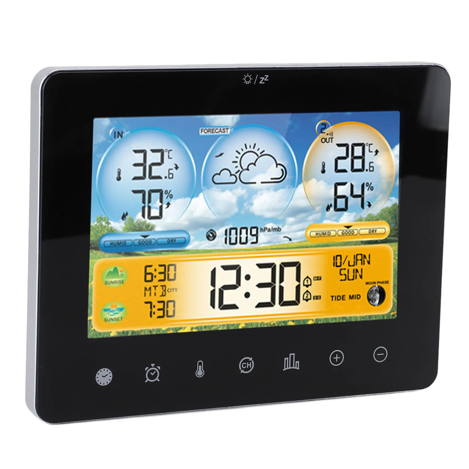 Weather Forecast Station Wireless Indoor Outdoor Touch Digital Time RF Sensing Hygrograph with Clock