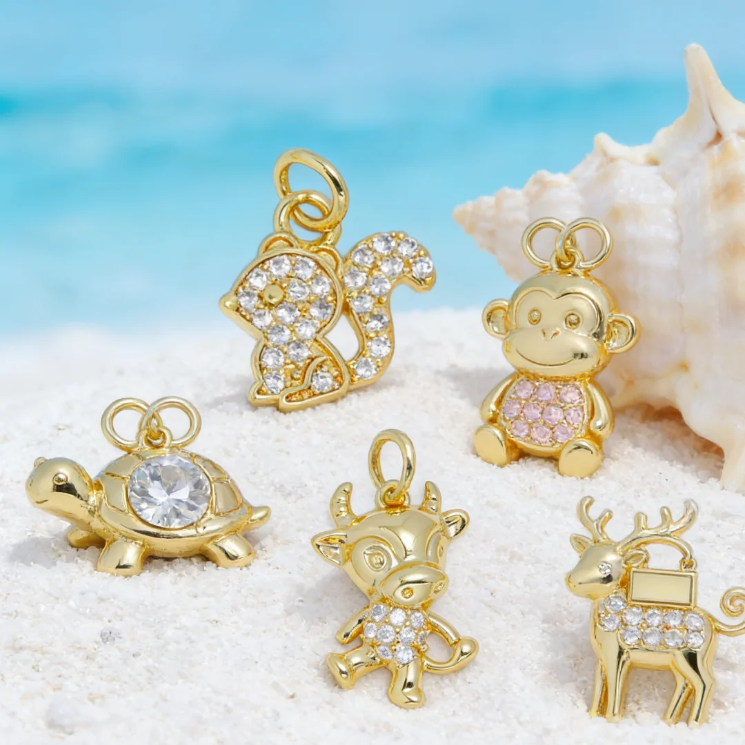 

4 Pcs Pendants Brass Cubic Zircon Animal Charms Squirrel Frog Monkey Deer Cow for Diy Jewelry Necklace Bracelet Making