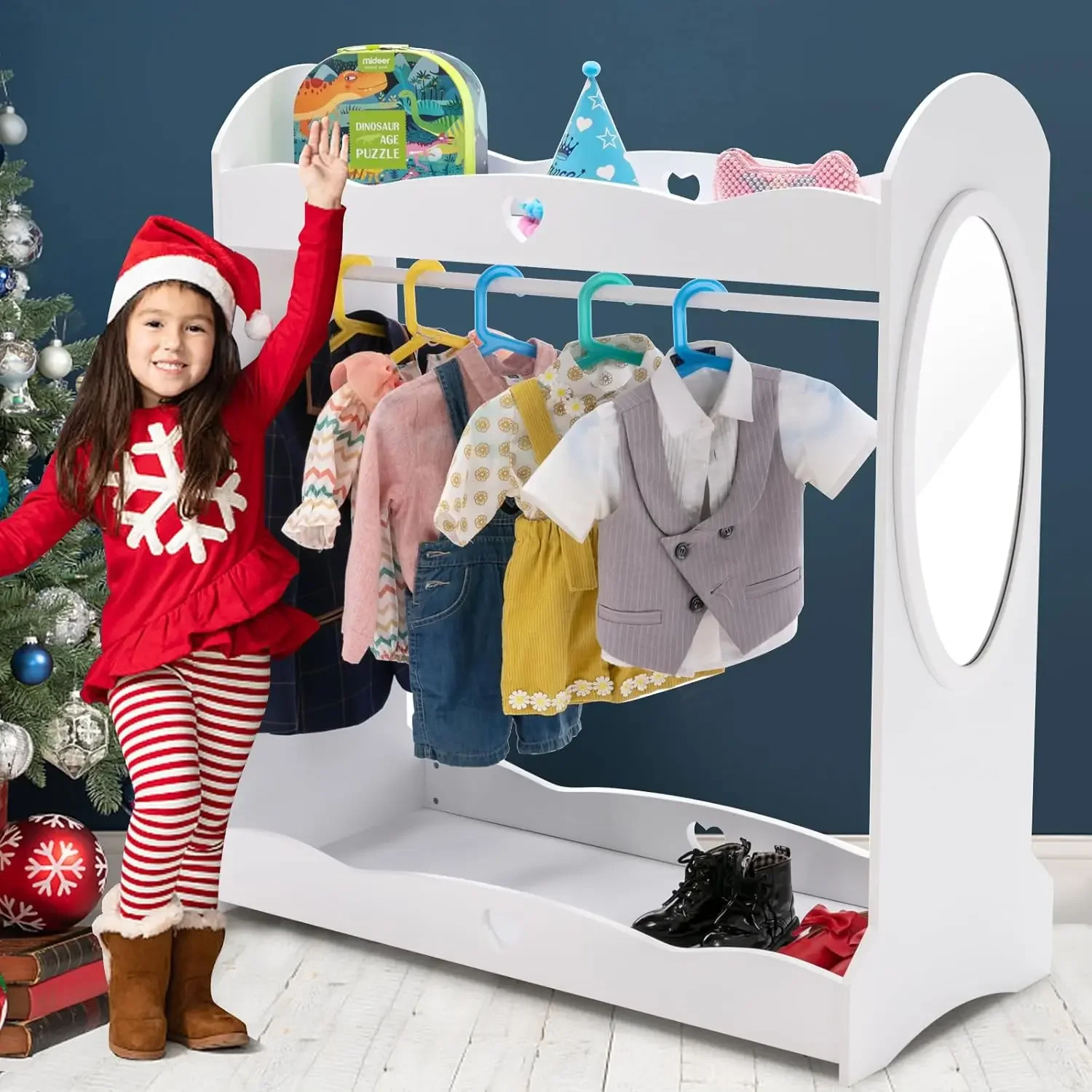 Kids  Dress-Up Storage w/Mirror,Dress up Closet,Dress up Wardrobe,Open Hanging Costume  Closet w/Side Pockets, Hook,Top Shelf, S