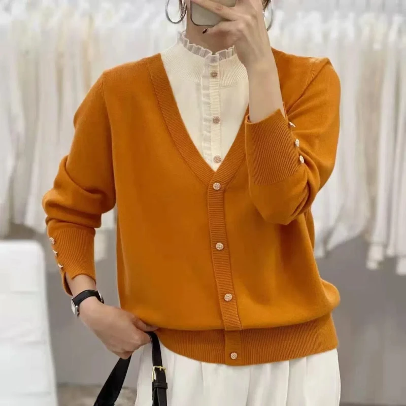 Suéter grueso de lana para mujer, jersey de moda coreana, Cuello medio alto, Top de punto de manga larga de encaje falso de dos piezas, Otoño e Invierno