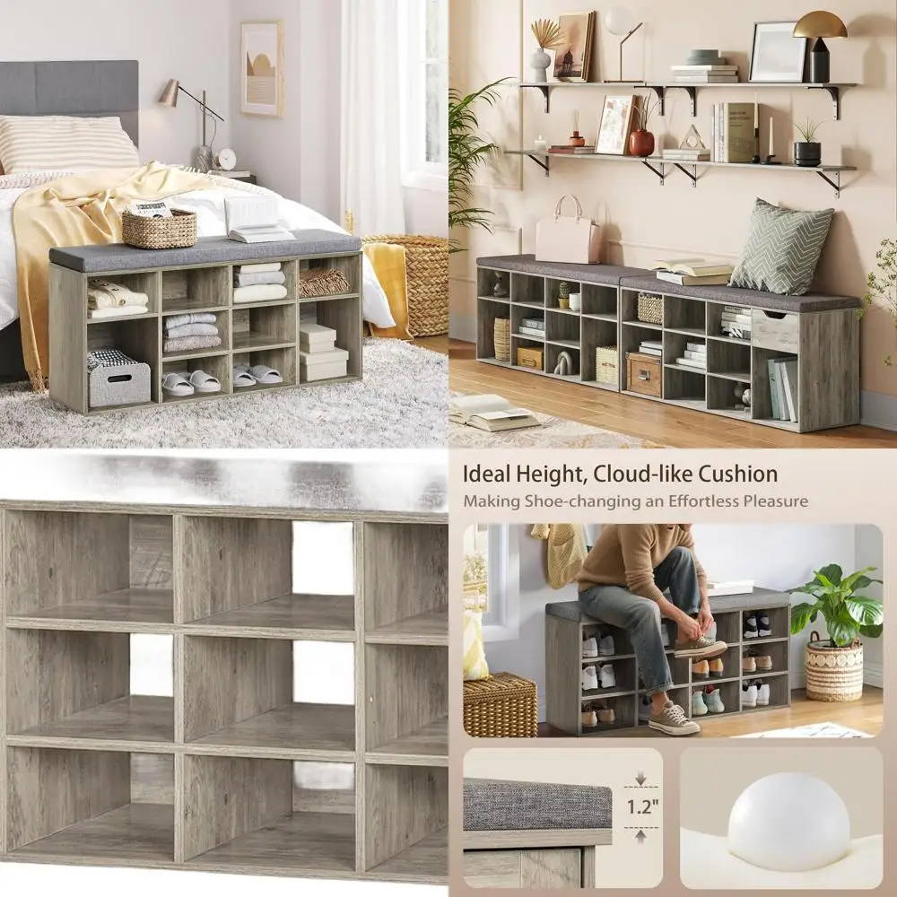 12-Cubby Shoe Organizer Bench with Cushion, Adjustable Shelves for Entryway, Living Room, Bedroom, Mudroom, Gray Wash