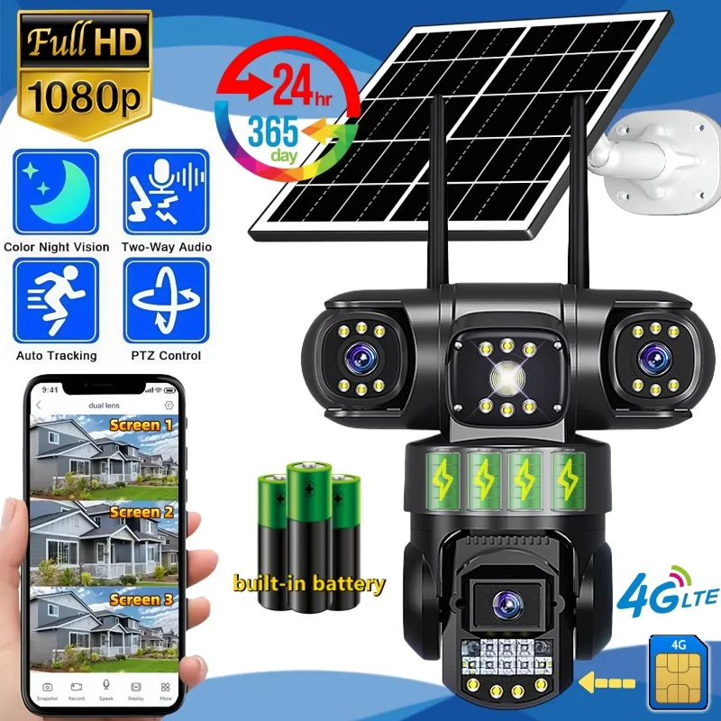 كاميرا 4G Sim الشمسية 12MP 6K ثلاثة عدسات ثلاثة شاشة مراقبة للرؤية الليلية حماية أمنية PTZ مراقبة فيديو V380pro CCTV