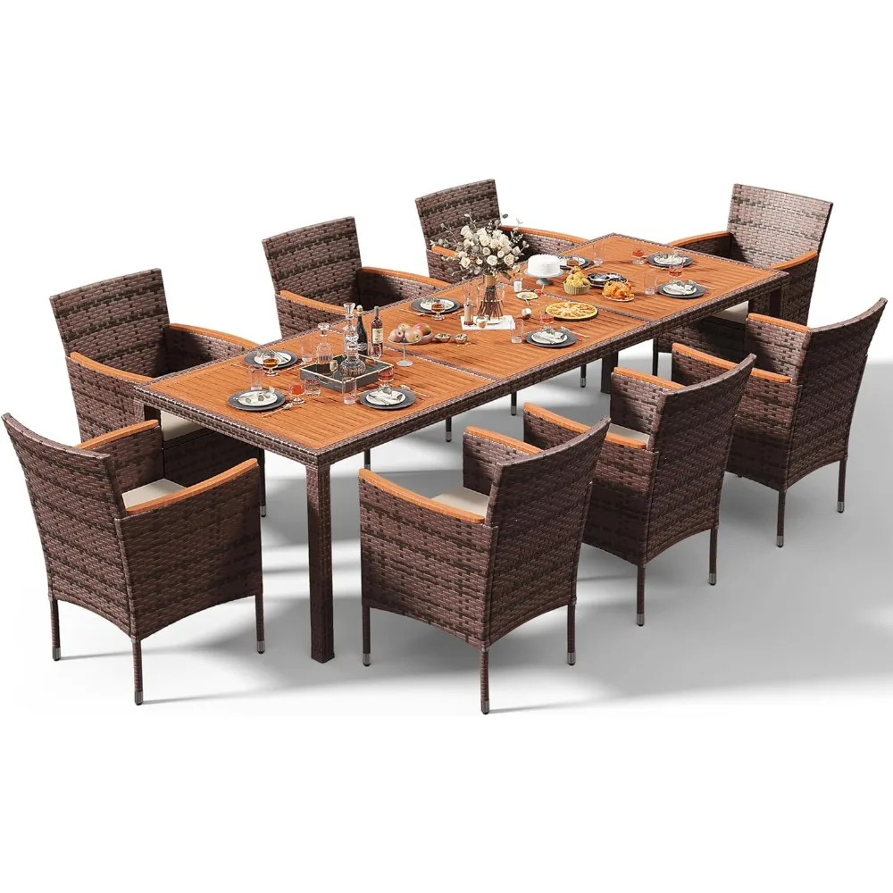 

Outdoor Patio Dining Sets 9 Pieces Wicker Outdoor Dining Table and Chairs Set with Acacia Wood Table Top and Widened Armrests