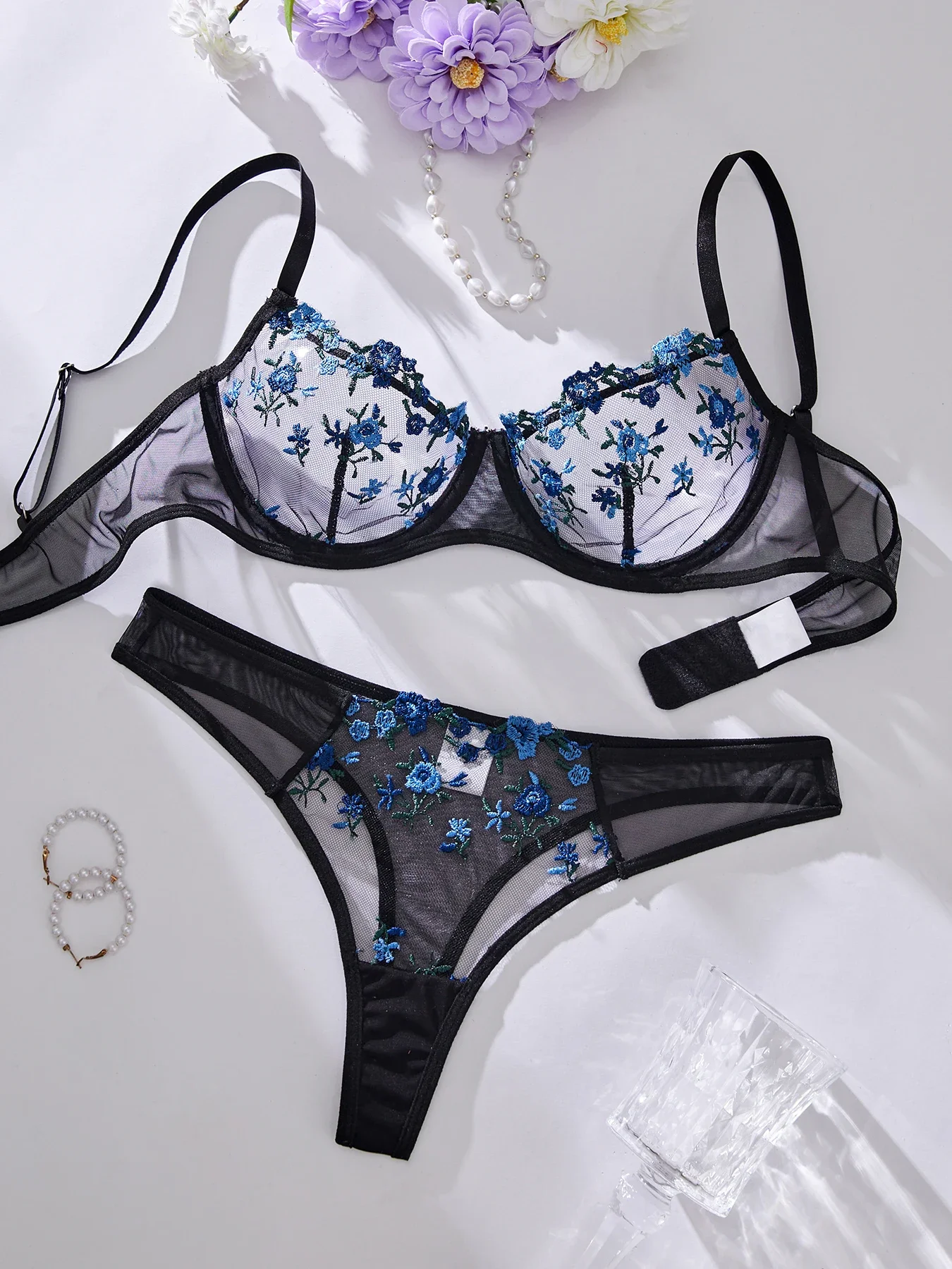 

Embroidery Sexy Lingerie Set Hot Semi-Sheer Floral Bra And Panties Sets Fancy Lovely Underwear Set for Sleeping