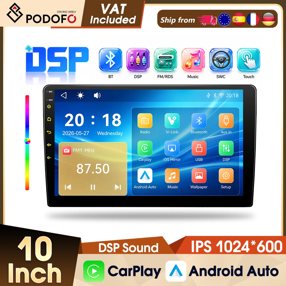 Podofo Universal Auto MP5-Player 10" 2Din Auto-Audio IPS-Bildschirm Autoradio Kabelloses CarPlay Android Auto FM RDS Intelligente Systeme