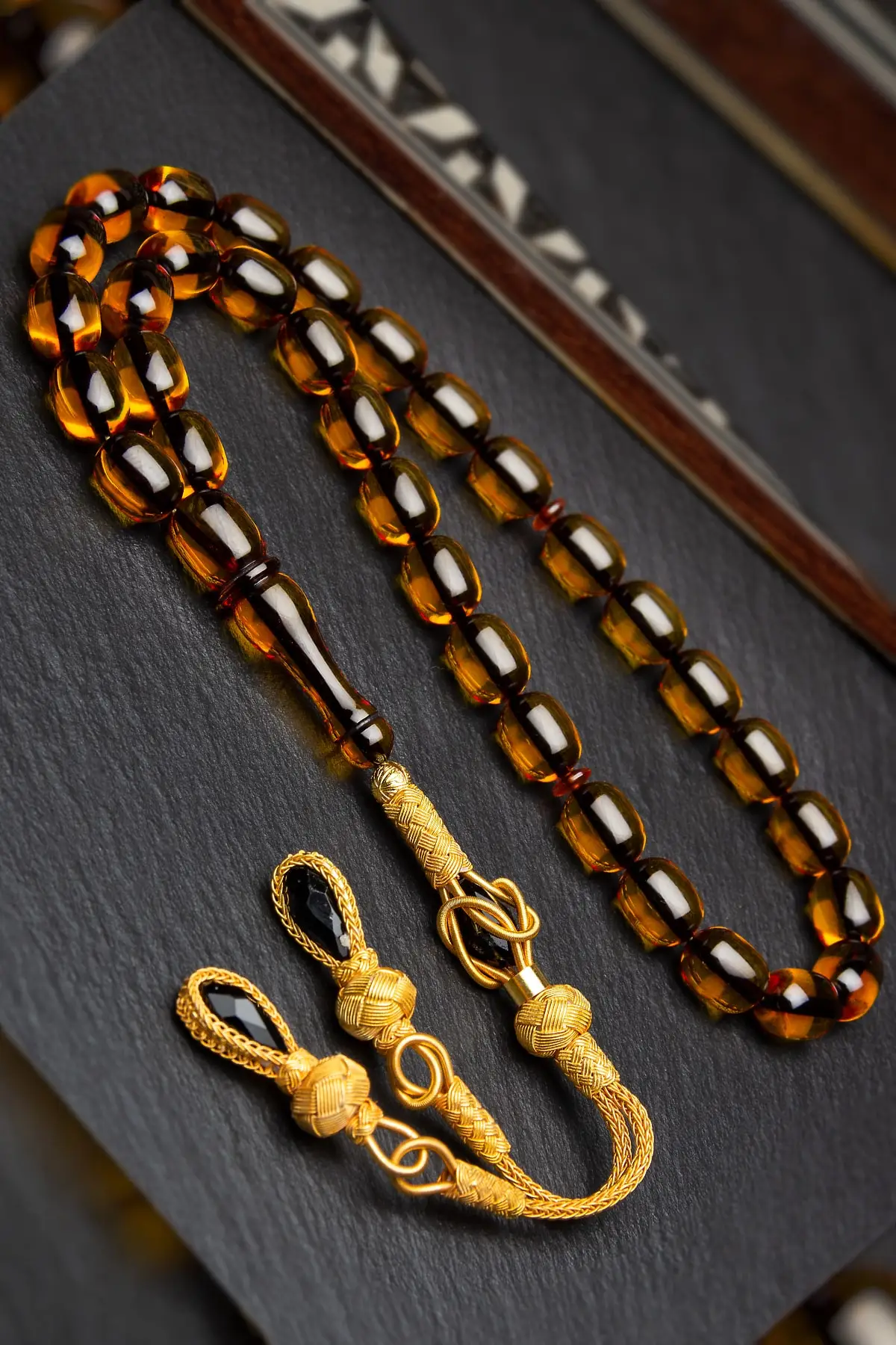 Gold Plated Silver Kazaz Tasseled 8x12mm Capsule Cut Fire Amber Rosary Men's Jewelry Accessory