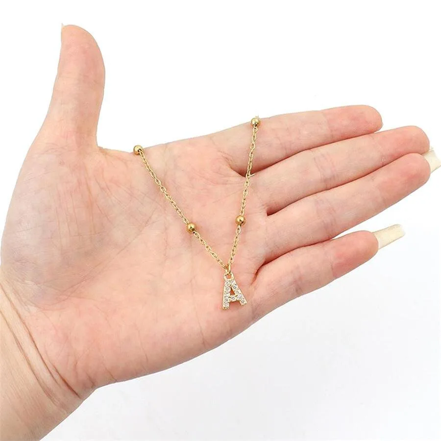 Collar con colgante de 26 letras de circonita, cadena de cuentas de acero inoxidable, Micro pavimentado, joyería para mujer
