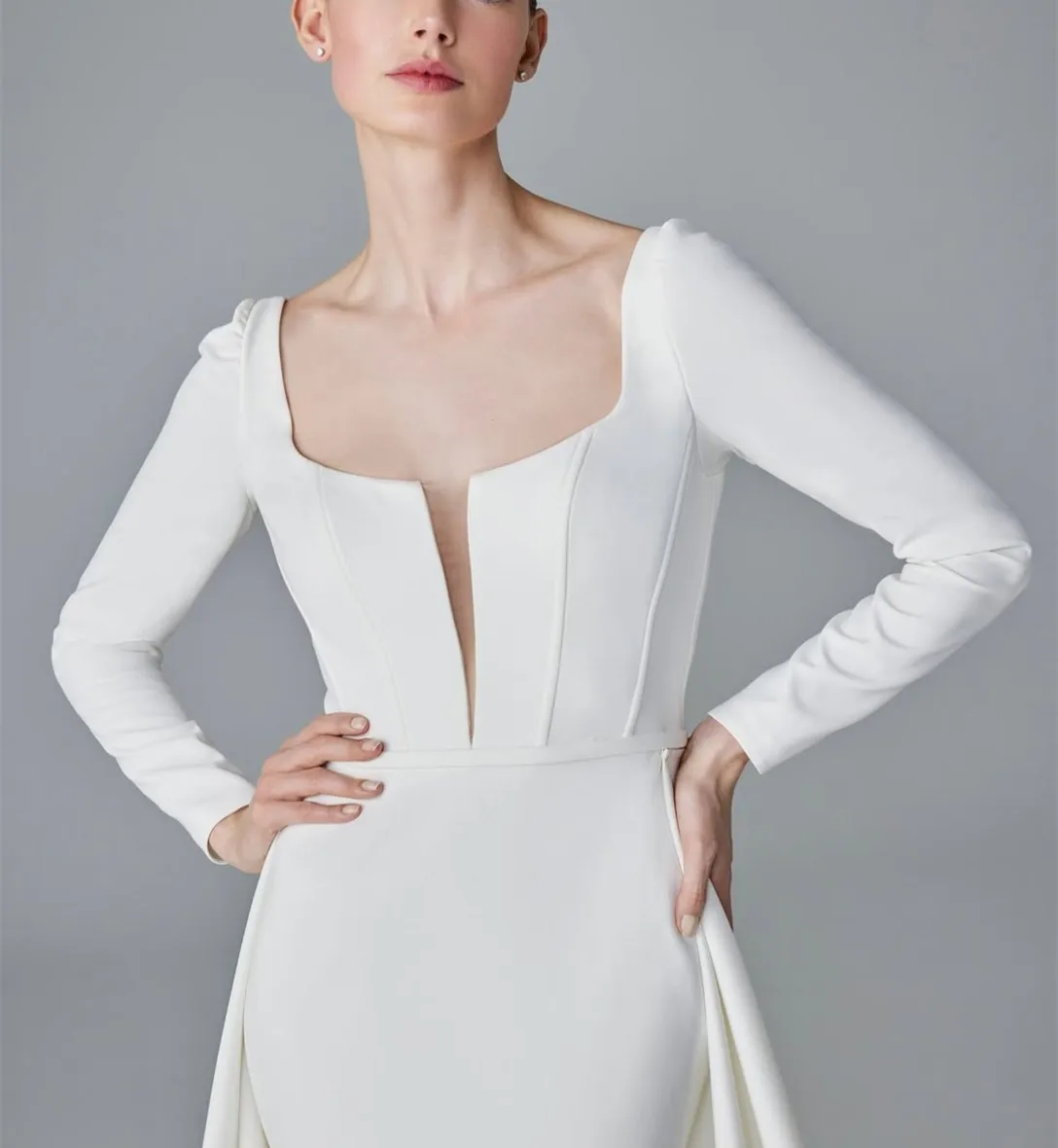 Customized Long Sleeve Square Neck Wedding Dresses Mermaid Crepe Sweep Train Vestidos de Novia Bridal Gown for Women
