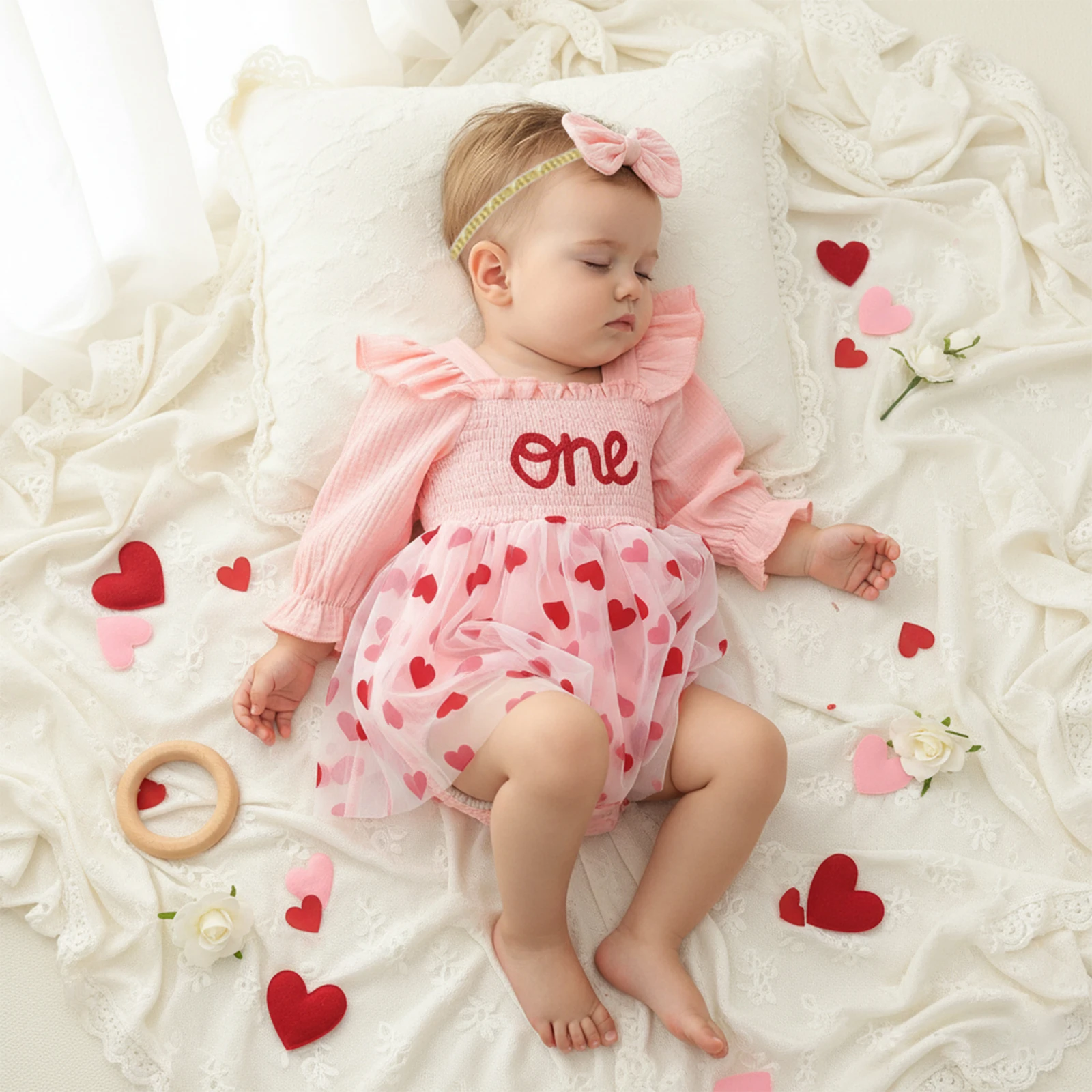 Newborn Girl Bodysuits Outfit Long Sleeve Square Neck Heart A-line Romper Dress with Bowknot Headband Valentine’s Day Clothes