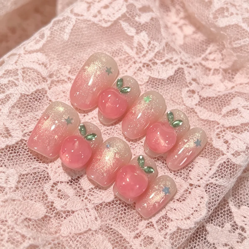 

10Pcs Handmade Nails Summer Sweet Girl Hand-Sculpted Apple-Printed Transparent Cat-Eye Press-On Nail—Perfect As A Gift for Girl