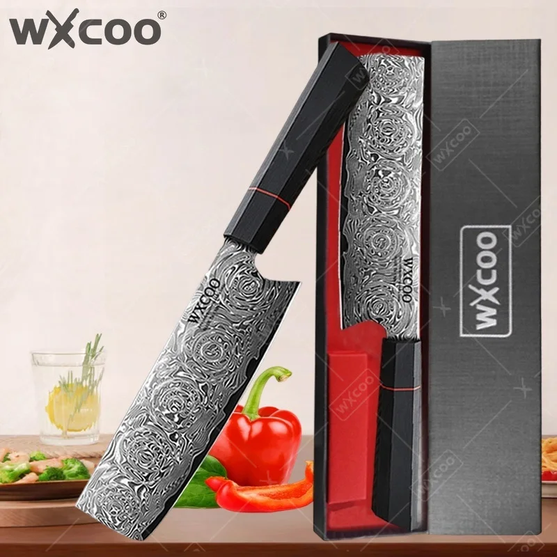 

Нож WXCOO 8 дюймов, дамасская сталь VG10, кухонный нож-кирицукэ, тесак для мяса, нож для фруктов, сантоку, для нарезки рыбы, для обвалки, 67 слоев