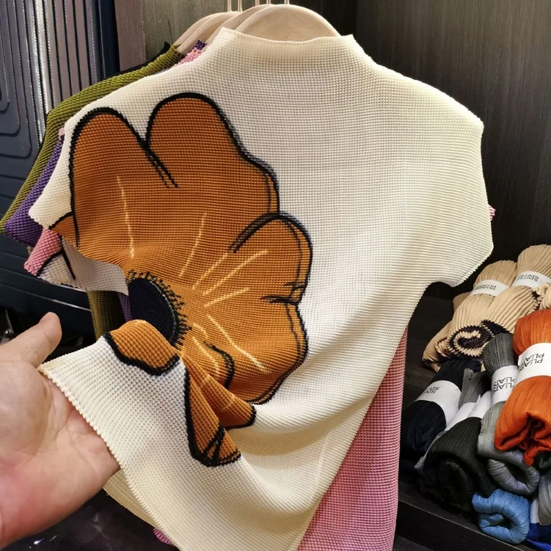 

Miyake модная плиссированная футболка с короткими рукавами и принтом кукурузного ядра, женская летняя новая универсальная плиссированная эластичная блузка для путешествий