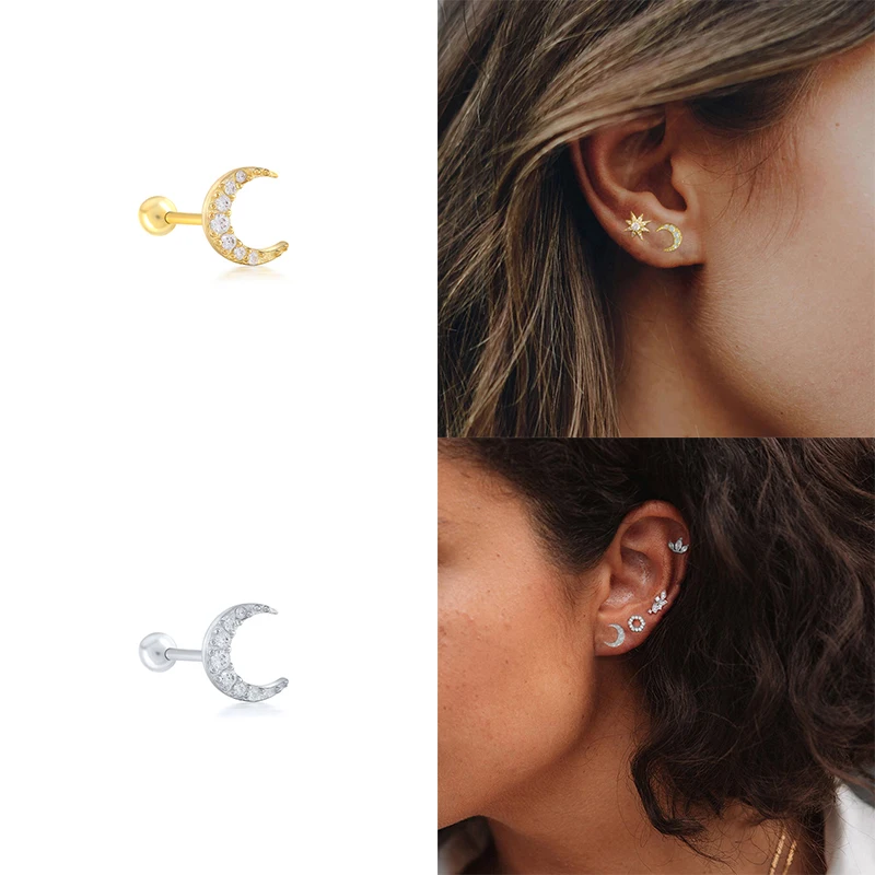 European and American 925 Sterling Silver Cute Zircon ear bone nail Mini Moon/Star Gold Silver color Piercing Jewelry