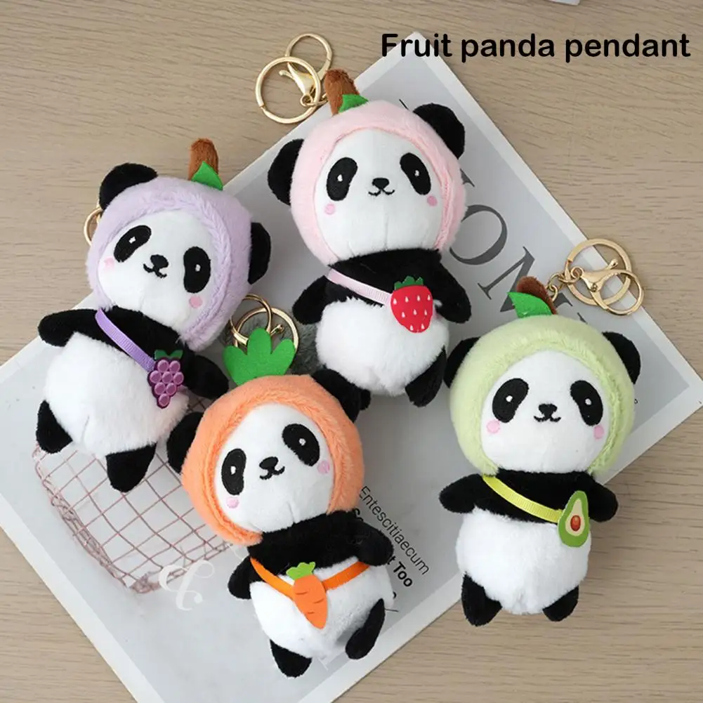 Cartoon Panda Plush Pendant Handmade Cute Mini Panda Plush Keychain Charm with Fruit Hat Soft Stuffed Doll for Backpack Hanging