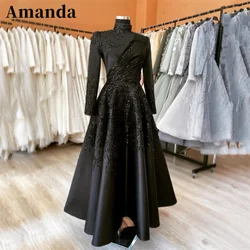 Amanda Modest Black Sequins Customized Fabric Prom Dress Long Sleeves vestidos de fiesta Muslim High Neck فستان حفلات الزفاف