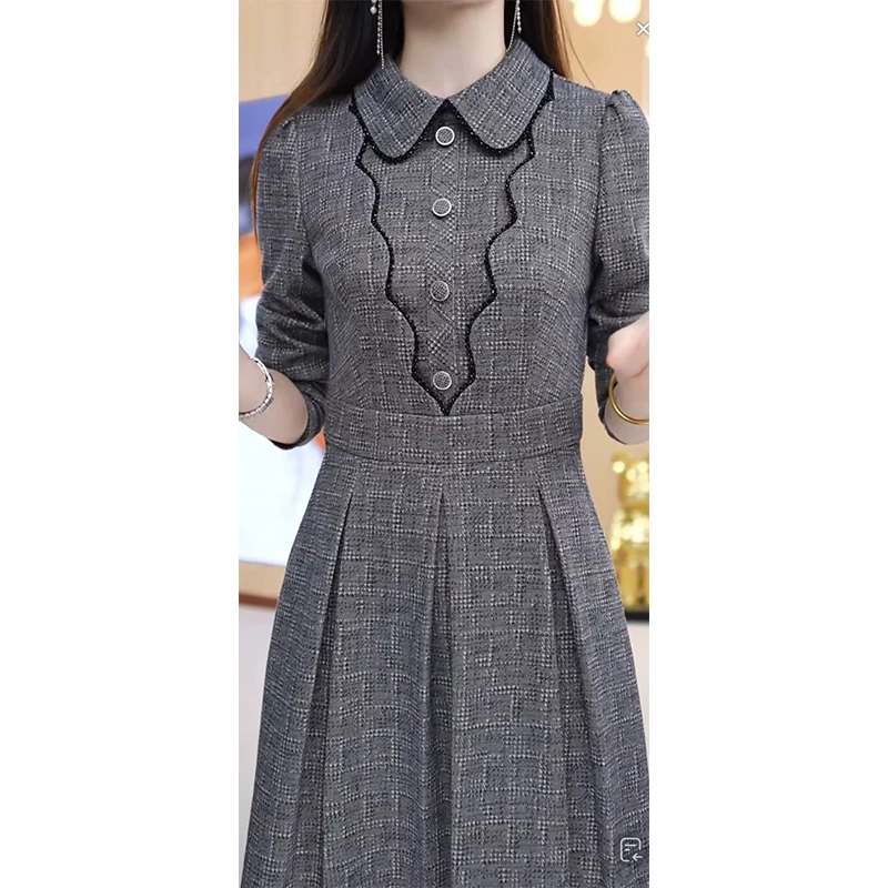 Spring Autumn Doll Collar Vintage Plaid Printing A-line Dress Female Long Sleeve Elegant Fashion Waist Robe Women Casual Vestido