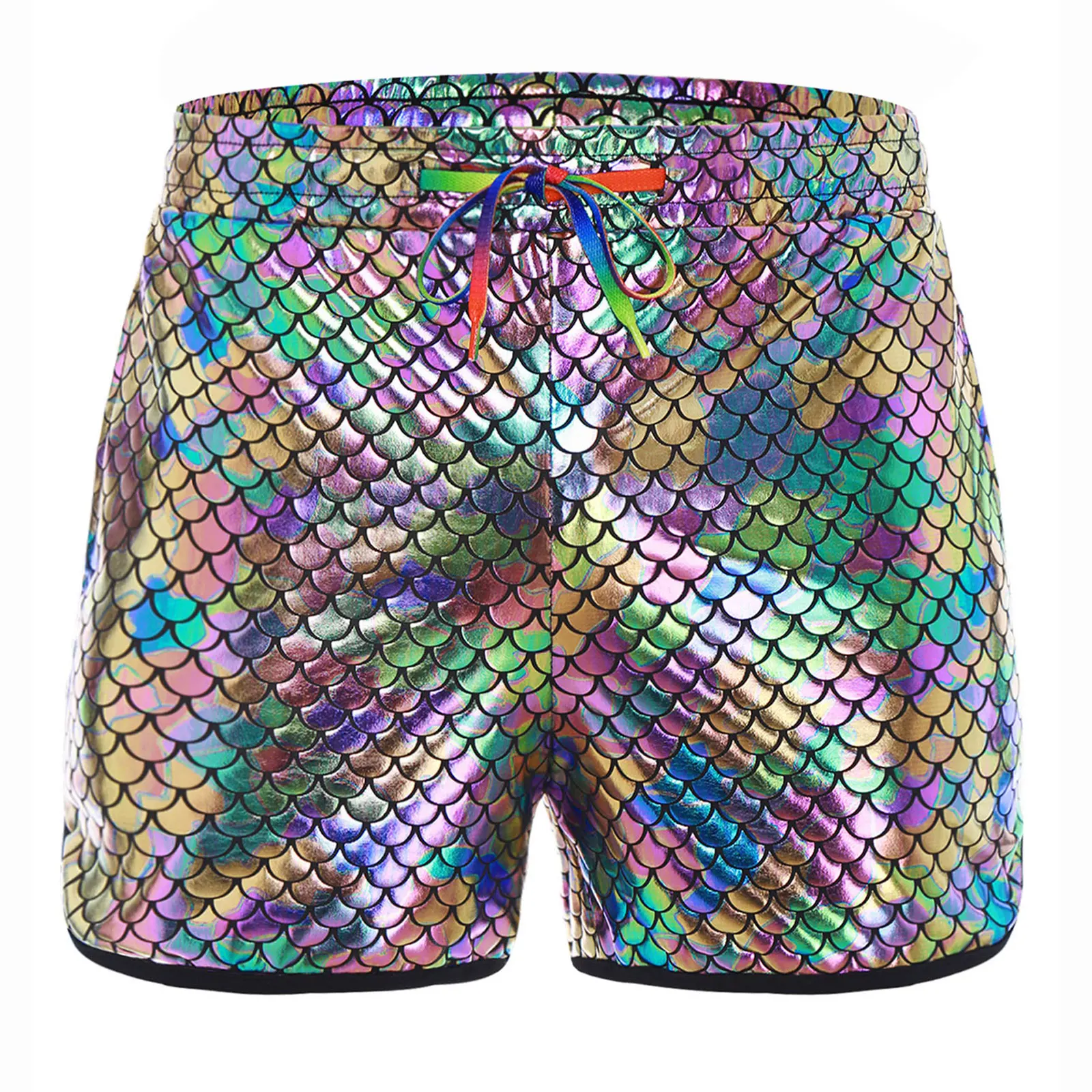 Mens Metallic Shiny Fish Scale Pattern Shorts Slant Pockets Trunks Raves Party Outfits Elastic Waistband Drawstring Short Pants