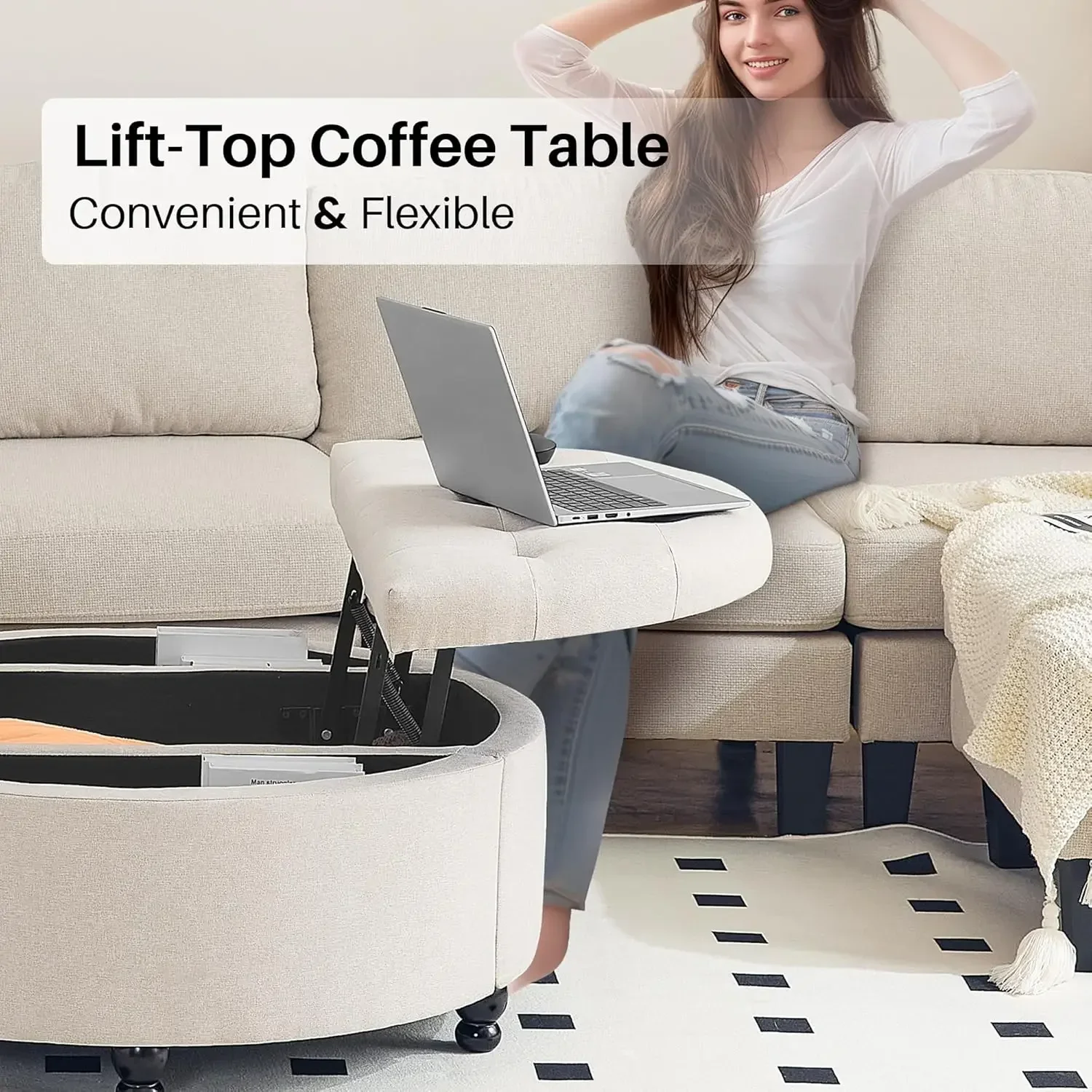 

Round Storage Ottoman Coffee Table, Upholstered Coffee Table with Lift Top, 35" Large Ottoman with Storage Linen Fabric