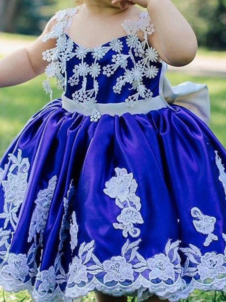 Vestido de flores de boda para niña, largo hasta el suelo, clásico, para baile, cumpleaños, sin mangas, apliques, gran lazo, zafiro, princesa, vestidos de Graduación