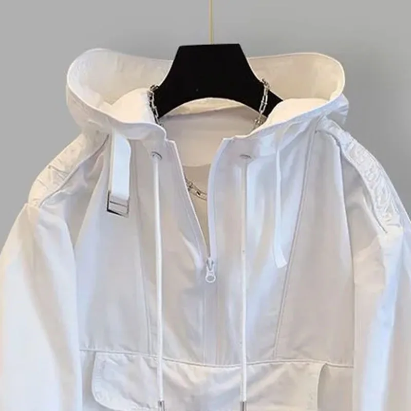 ربيع الخريف ملابس العمل جيب مقنعين سترة المرأة 2025New موضة فضفاضة عادية لون نقي خياطة سترة واقية معطف الإناث #6