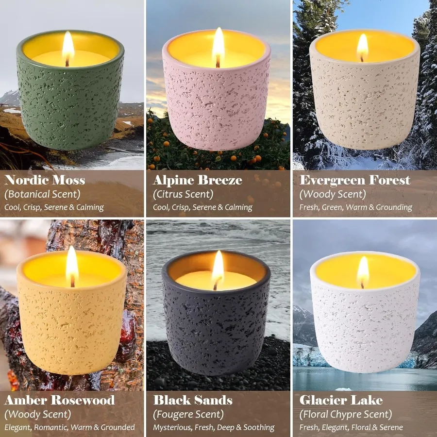 Scented Candle Set of 6 Natural Soy Wax with Essential Oils Long Lasting Aromatherapy Candles in Small Ceramic Jars Perfect for