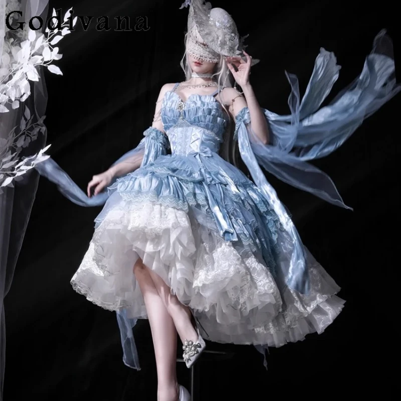 

Beautiful Blue Lolita Dress Women's Suspender Princess Fairy Dress Female Party Banquet Student Day Bar Mitzvah Host Dress
