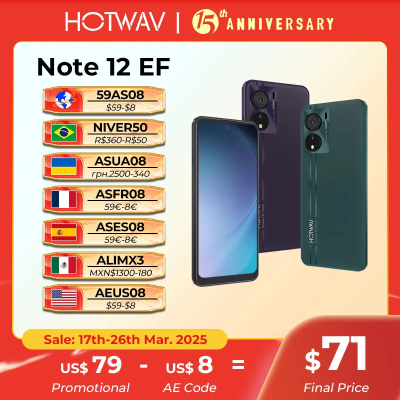 HOTWAV Note 12 EF Smartphone 6.8'' Large Display Android 14 OS 12(4+8)GB 128GB Mobile Phone 48MP 5160mAh Ultra-Thin Cellphone